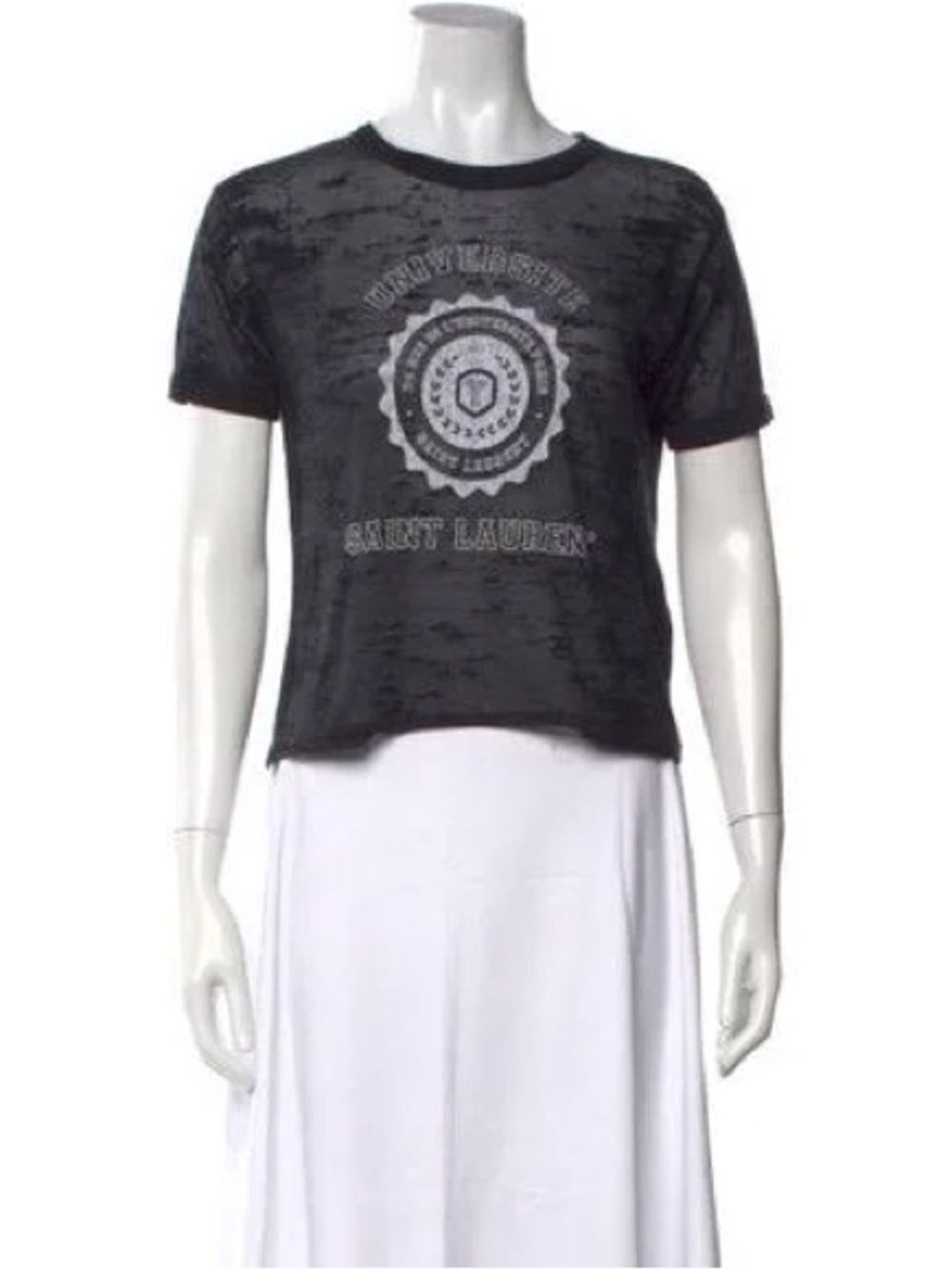 Saint Laurent University Black Distressed Short Sleeve Logo Tee size Medium